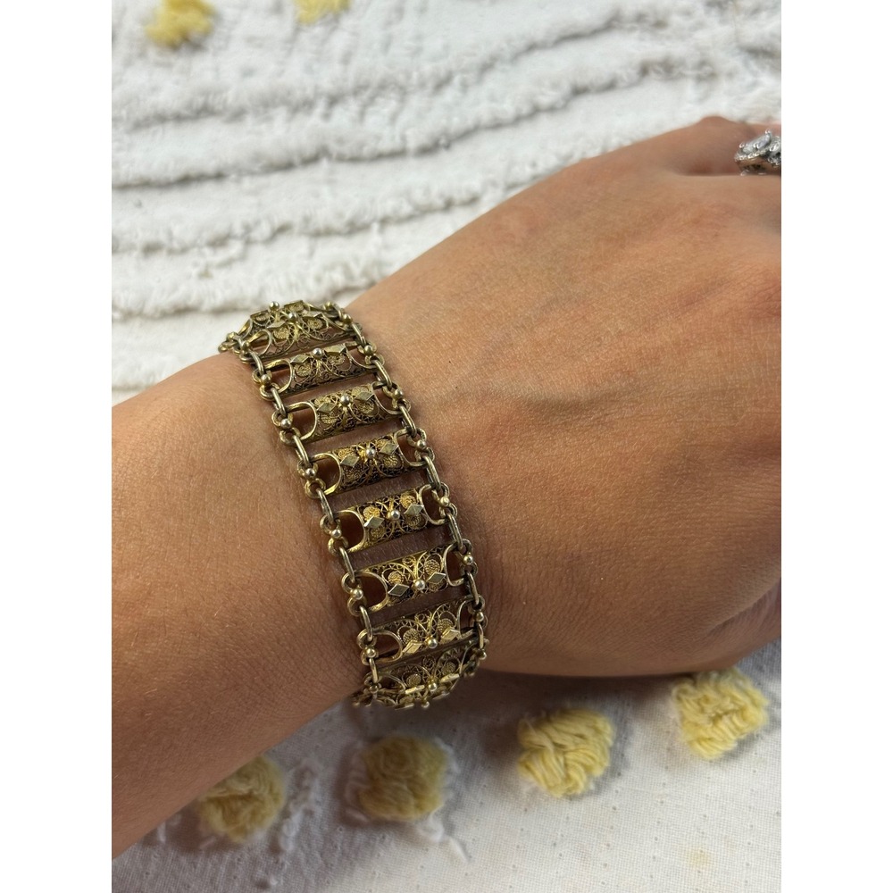 Vintage 800 Silver Filigree Link Bracelet Gold Vermeil Ornate Panel 7.25 Inch